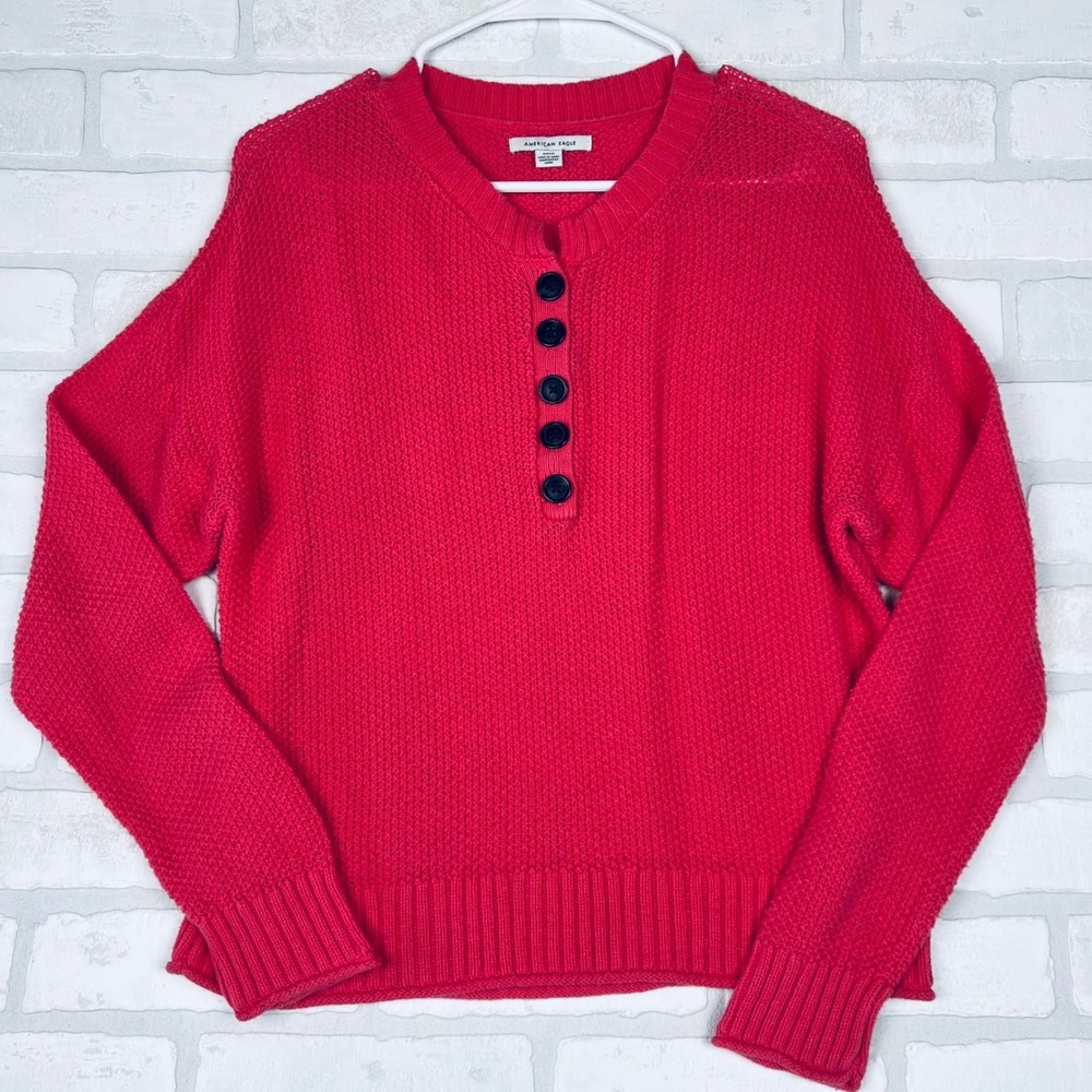 American Eagle Pink Red Henley Button‎ Knit Sweater Womens Small Relaxed Fit